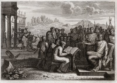 Bible of Royaumont, Old Testament: Piety of Josiah. Josiah, king of Judah, restores the worship of God in his kingdom, and surpasses all the kings his predecessors in virtue. Illustration from 1811. by Unknown artist