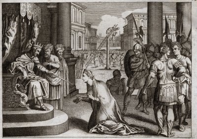 Bible of Royaumont, Old Testament: Punishment of Haman. Xerxes I hangs Haman from the gallows he had prepared for Mordecai, and retracts the Death Edict which he had published throughout his kingdom against the Jews. Illustration from 1811. by Unknown artist