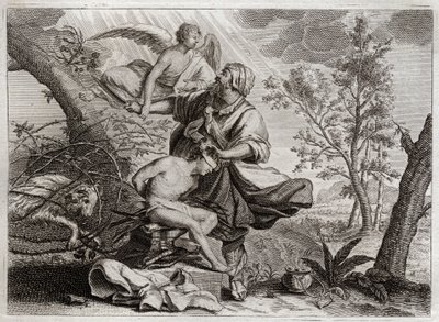 Bible of Royaumont, Old Testament: Sacrifice of Abraham. An angel holds Abraham