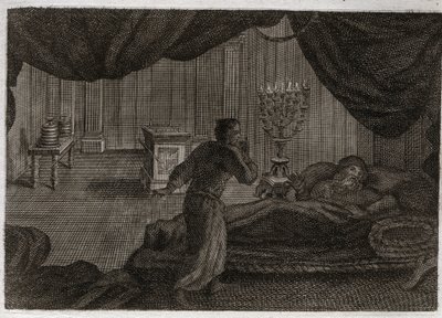 Bible of Royaumont, Old Testament: Samuel given to Eli. Hannah consecrated little Samuel to the Lord, and gave him to High Priest Eli. Samuel, who hears the voice of the Lord calling him in the middle of the night, thinks that this is his mentor the c by Unknown artist