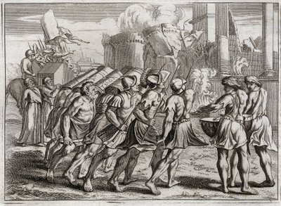 Bible of Royaumont, Old Testament: Taken of Jericho. The Walls of Jericho fall to the ground to the sound of the trumpets of the Priests who preceded the Ark of the Covenant of the Lord. Illustration from 1811. by Unknown artist