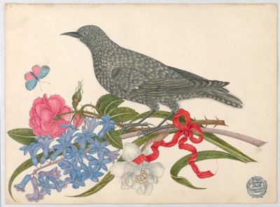 Black Bird with Blossoms, Butterfly, and Red Ribbon by Unknown artist