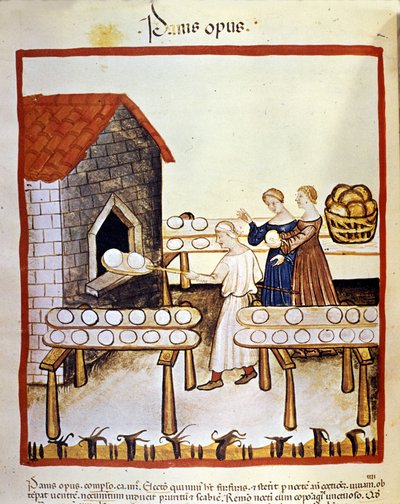 Black bread: a baker at work in front of an oven. Illumination from the milking of medicine and dietetics Tacuinum sanitatis by Unknown artist
