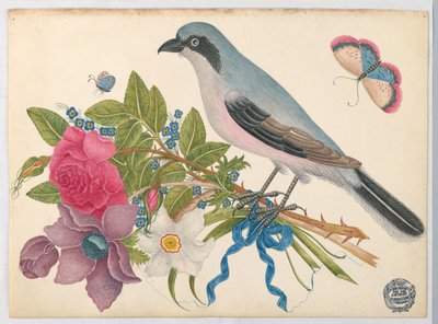 Blue Bird on Bouquet of Roses and Tulips, with Butterflies by Unknown artist