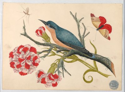 Blue Bird on Branch with Carnations and Insects by Unknown artist
