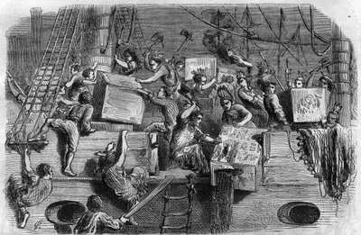 Boston Tea Party. US War of Independence: Revolt of American Settlers (of Great Britain Origin) Against Taxes Imposed by the English Parliament on the Tea and Other Foodstuff. They Disguise Themselves as Indians and Throw the Cargo of the Tea into the Sea by Unknown artist