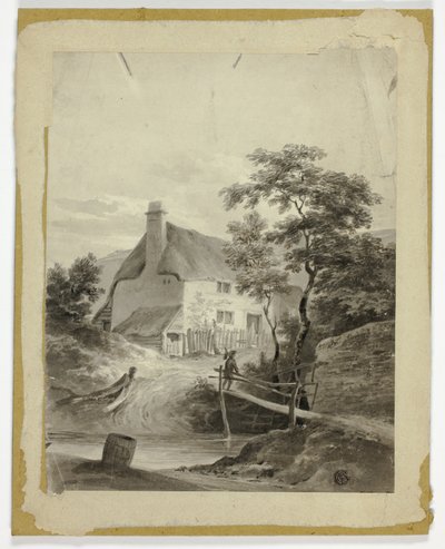 Boy on Bridge Outside a Cottage by Unknown artist
