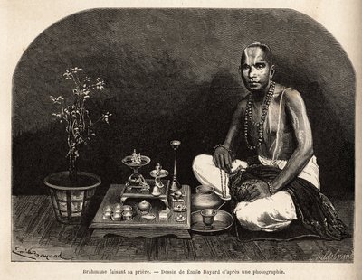 Brahmin Kneels Before the Altar of Offerings, Praying. Engraving to Illustrate the Voyage in the Meridional Provinces of India, by Alfred Grandidier, 1862-1864, Published in 