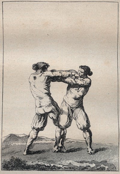 Breton wrestlers engraving in 