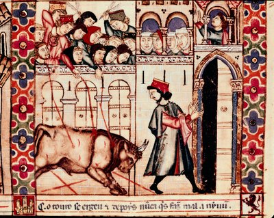 Bullfighting: the bull kills in the arena during the traditional feasts of Plasencia in Spain, Chant 144. Miniature from the hymn of Saint Mary by Unknown artist