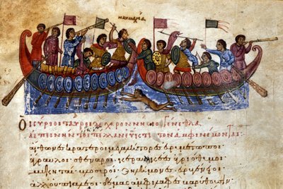 Byzantine naval battle. An assault swimmer attacks the enemy ship. Manuscript from the 11th century. by Unknown artist