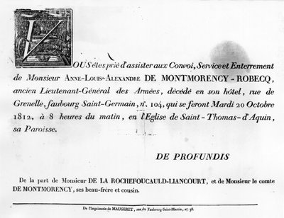 Call for Funeral of Alexandre de la Rochefoucauld - Family Archives by Unknown artist