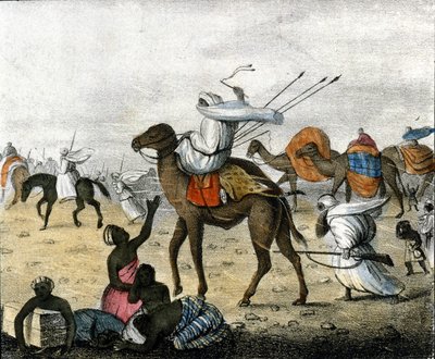 Caravan in the desert in Morocco during a windstorm by Unknown artist
