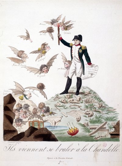 Cartoon about Napoleon I depicted on a hill covered with skeletons and holding a candle that burns the wings of characters represented as bats by Unknown artist