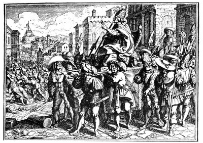 Cartoon about Pope Innocent I during the Invasion and Looting of Rome by Alaric I, King of the Visigoths, in 410 (Sack of Rome). Engraving in The Chronicle of Goffredo by Unknown artist