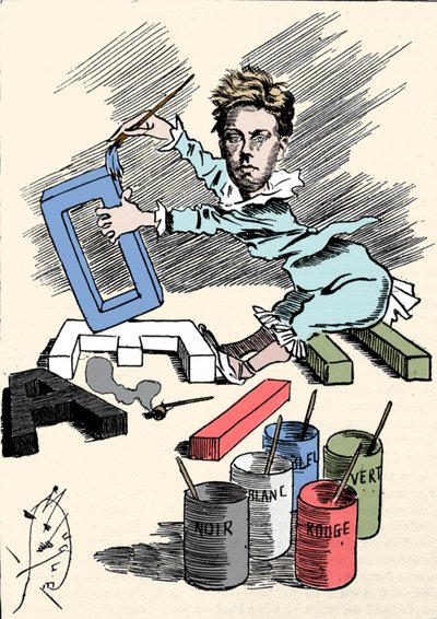 Cartoon depicting the poet Arthur Rimbaud covering alphabet letters with painting. Engraving from 
