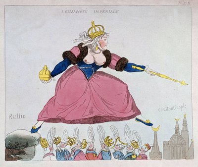 Catherine-II jumping from Russia to Constantinople over European sovereigns, caricature, late 18th century by Unknown artist