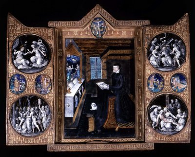 Catherine de Medicis (Caterina de Medici) (1519-1589) in prayer - triptych email and leather by Unknown artist