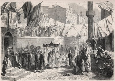 Catholic Procession in the streets of Constantinople on the occasion of the Fete Dieu - Engraving in 