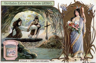 Chactas and father Aubry bury Atala and portrait of the heroine - Scene from Atala or The Loves of Two Savages in the Desert, by Francois Rene de Chateaubriand - Liebig chromolithography by Unknown artist