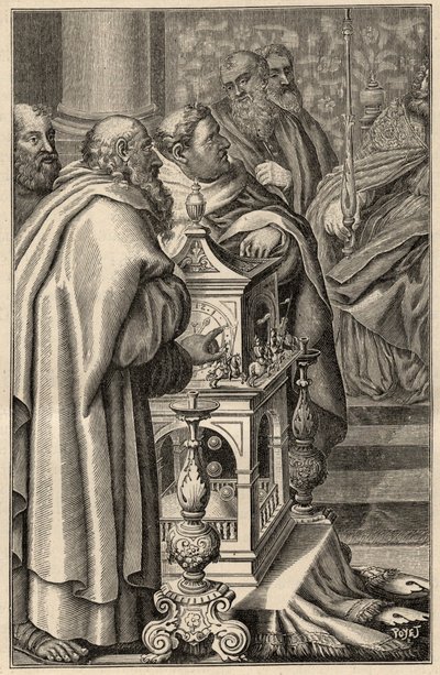 Charlemagne receiving the gift of a clepsydra (water clock) from Harun al-Rashid - In 797 the caliph of Baghdad, Harun al-Rashid offers Charlemagne a clepsydra emblematic of the technological know-how of Arab civilization by Unknown artist