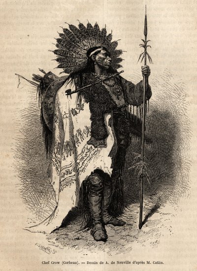 Chief Yellow Moccassin, of the Crow Indian tribe, living along the Lewis River. Engraving to illustrate an excursion among the Indian tribes of the basins of Colombia and Upper Missouri, by G. Catlin, in 1855, published in 