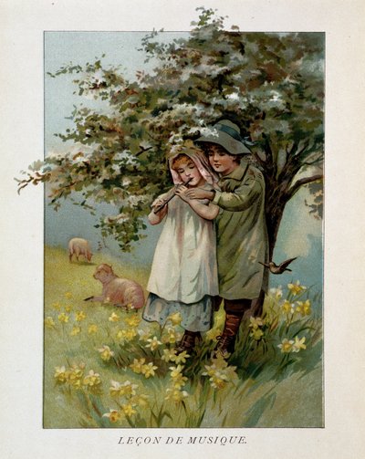 Children shepherds playing music in a flowering landscape, 