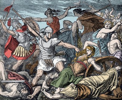 Cimbric Women Defend Their Wagon Fort - Roman Antiquity, Cimbrian War: the sacrifice of Cimbrian women against Roman soldiers by Unknown artist