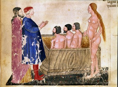Circle of Adulators: Dante and Virgil meet Alessio Interminelli, Lord of Lucca, and Thais the prostitute. Illuminated page illustrating the 18th song of Hell from the 