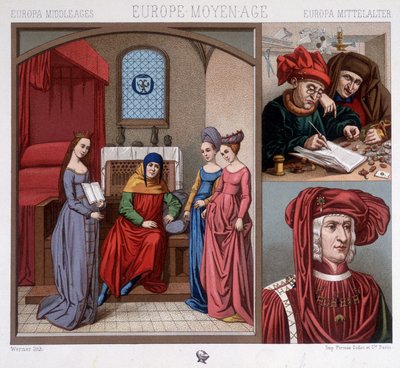 Civilian Costumes in the Middle Ages in the 15th Century. Top Right: Currency Changers in Antwerp. Lower Right: Portrait of Maximilian of Austria after Quentin Metzys. In 