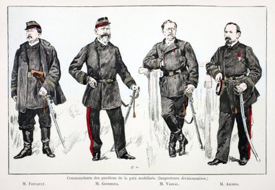 Commanders of the mobilized peacekeepers (divisional inspectors), from left to right: Mr.Foucault, Mr.Giobergia, Mr.Vassal, Mr.Archer. Eau forte en couleurs, for illustration 
