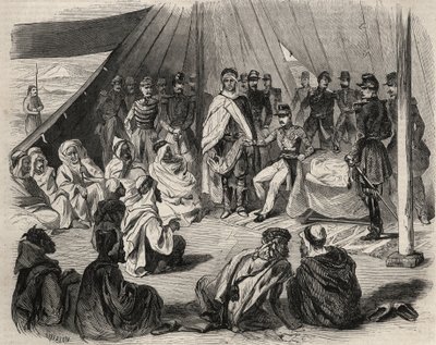 Conquest of Algeria: expedition to Great Kabylia in 1857. Submission of the Kabyle tribe of Beni-Raten by the French army. Engraving in 