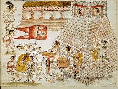 Conquest of Mexico: Destruction of Tenochtitlan, capital of the Aztec empire, by the armies of the conquistador Hernan Cortes (1485-1547) on 24/06/1520. Miniature from a manuscript by Unknown artist