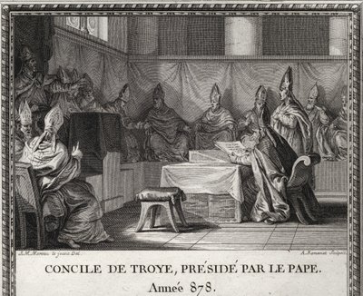Council of Troyes on 7 September 878. In May 878, Pope John VIII threatened by Saracens and Italian nobles, came to take refuge in Arles under Duke Boson and his wife Ermengarde. He accompanies him in Troyes where a grand council is organized. by Unknown artist