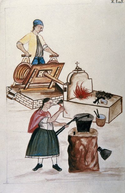 Couple of Moyobamba Metisses Working Iron in a Forge, from the Book 