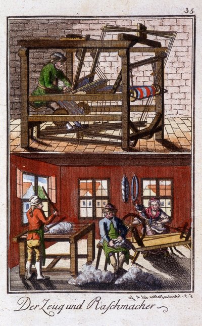 Craft craft: the weaver in his workshop. In “Comprehensive description of arts and crafts and workshops for young people” by Johan Peter Vue. Ed. Nuremberg, Weigel and Schneider by Unknown artist