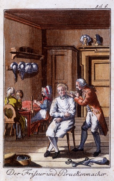 Crafts: hairdresser and wig in their workshop. In “Comprehensive description of arts and crafts and workshops for young people” by Johan Peter Vue. Ed. Nuremberg, Weigel and Schneider by Unknown artist