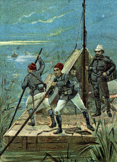 Crossing the marshes of Bahr el Ghazal in Africa by the Marchand mission in 1899. Liebig chromolithography of the 19th century by Unknown artist