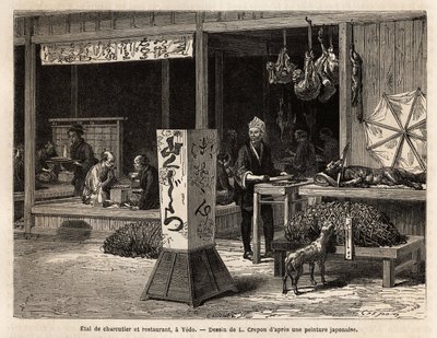 Customers eat sitting on the stage of a restaurant and the neighbour of a butcher present to passers-by, under a big bamboo mesh bell a boar, hanging, its finest pieces of game, such as the squirrel, the hare or the monkey, whose climbing faces become the by Unknown artist