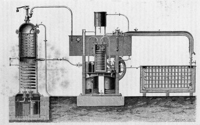Cutting of the industrial equipment for the manufacture of ice of Ferdinand Carré. Engraving of the 19th century by Unknown artist