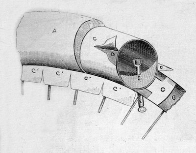Cutting the pneumatic rubber of a bicycle invented by Englishman John Boyd Dunlop in 1888. by Unknown artist