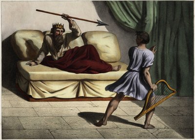 David playing the cithar before King Saul to appease him by Unknown artist