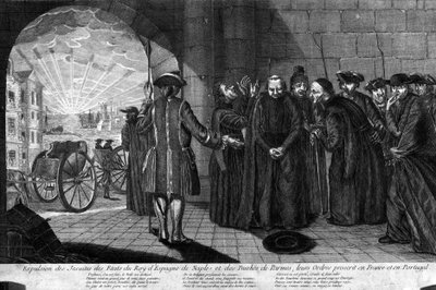 Deportation of the Jesuits on 21/07/1773: Expulsion of Jesuits from the States of the King of Spain, Naples and the Duchy of Parma, their Orders banned in France and Portugal. Engraving from the beginning of the 19th century by Unknown artist