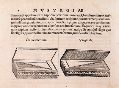 Description of Harpsichord and spinet. Page from Musurgia seu praxis musicae by Unknown artist