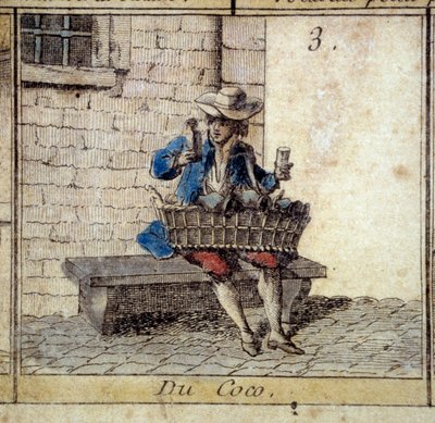 Detail of the game of the Goose of the Cree of Paris: the coconut merchant (selling trinkets). Engraving of the 18th century by Unknown artist