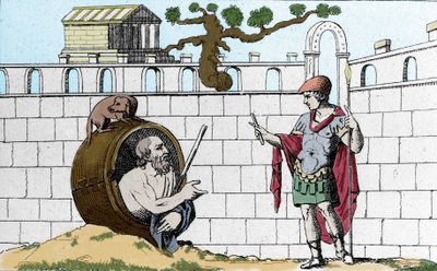 Diogenes the Cynic, Greek philosopher, in his barrel tells Alexander the Great Let you see my sun by Unknown artist