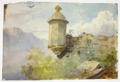 Domed Lookout on Wall in Mountain Landscape; Figures Crossing Bridge before Mountain by Unknown artist