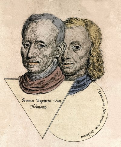 Double portrait of the Belgian chemist Jean Baptiste von Helmont and François Mercure van Helmont. Engraving by Unknown artist