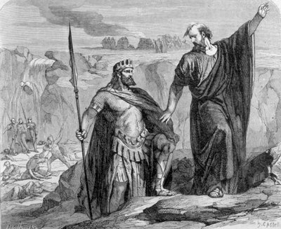 Elijah warned Ahab that the rain is imminent. In the background we see the worship of Baal. by Unknown artist