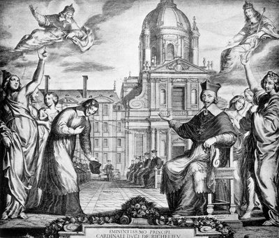Engraving to the glory of Cardinal Richelieu for the re-establishment of the Sorbonne in Paris, commissioned to Lemercier, completed in 1642 by Unknown artist